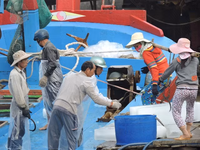 Nhiều tàu cá của ngư dân tranh thủ lấy thêm đá lạnh, tiếp thêm nhiên liệu để vươn khơi ngày cận tết