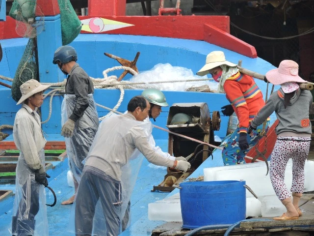 Nhiều tàu cá của ngư dân tranh thủ lấy thêm đá lạnh, tiếp thêm nhiên liệu để vươn khơi ngày cận tết