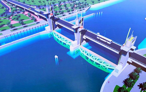 Phối cảnh cống ngăn mặn trên sông Cái Bé. Ảnh:Cửu Long. Phối cảnh cống ngăn mặn trên sông Cái Bé. Ảnh: Cửu Long