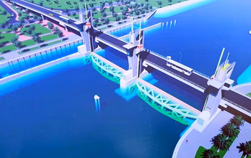 Phối cảnh cống ngăn mặn trên sông Cái Bé. Ảnh: Cửu Long