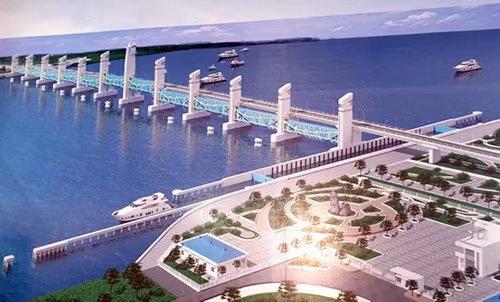 Phối cảnh cống ngăn mặn trên sông Cái Lớn. Ảnh:Cửu Long.