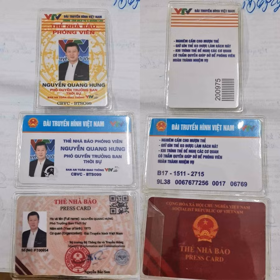 3 thẻ nhà báo, phóng viên giả do lái xe Nguyễn Quang Hưng xuất trình. 3 thẻ nhà báo, phóng viên giả do lái xe Nguyễn Quang Hưng xuất trình.
