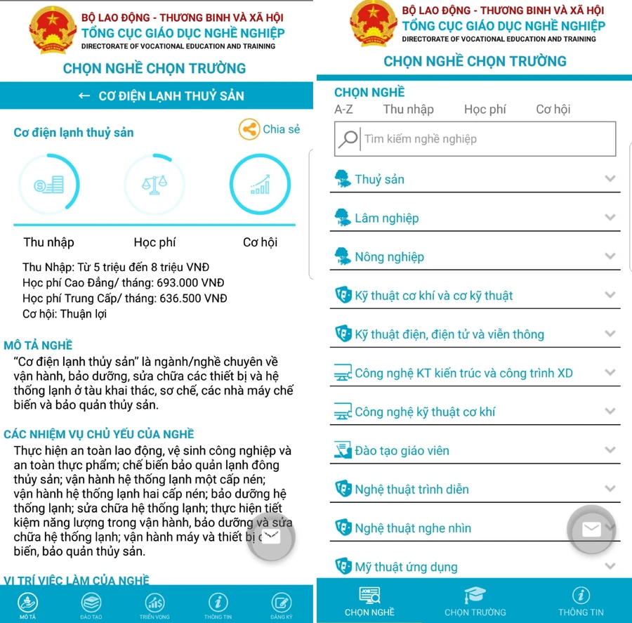 Giao diện ứng dụng Chọn nghề - chọn trường! Ảnh: T.G