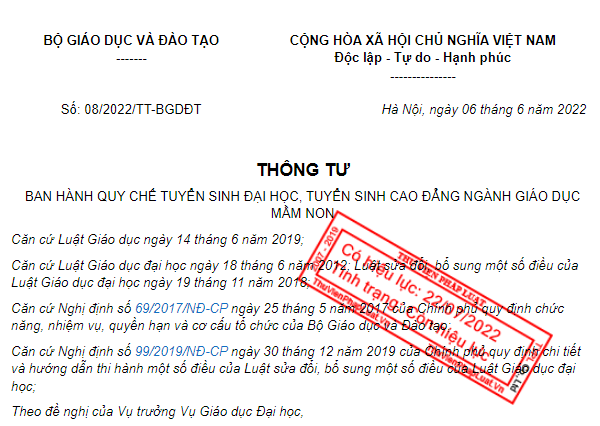 Ảnh chụp màn hình Quy chế tuyển sinh đại học, tuyển sinh cao đẳng ngành giáo dục mầm non ban hành kèm theo Thông tư 08/2022/TT-BGDĐT. Ảnh chụp màn hình Quy chế tuyển sinh đại học, tuyển sinh cao đẳng ngành giáo dục mầm non ban hành kèm theo Thông tư 08/2022/TT-BGDĐT.