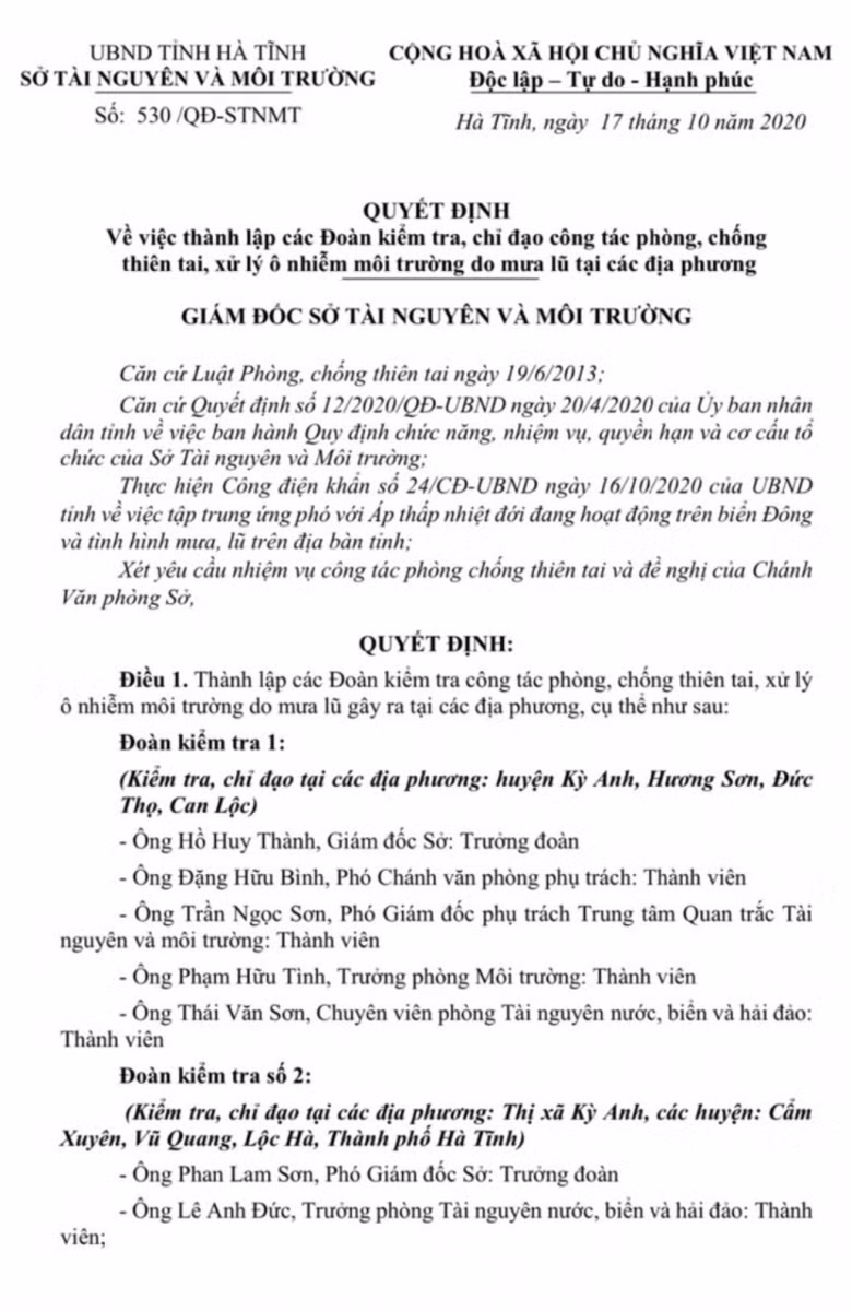 Văn bản chỉ đạo trước của Sở TN&amp;MT Hà Tĩnh về phòng chống thiên tai, xử lý ô nhiễm môi trường do mưa lũ tại địa phương.