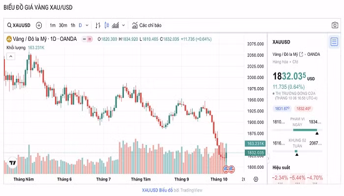 Biểu đồ biến động giá vàng trong 24 giờ qua