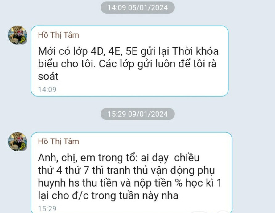 Hiệu phó kiêm Thủ quỹ Hồ Thị Tâm nhắn tin trên nhóm giáo viên đề nghị nộp tiền học thêm. Hiệu phó kiêm Thủ quỹ Hồ Thị Tâm nhắn tin trên nhóm giáo viên đề nghị nộp tiền học thêm.