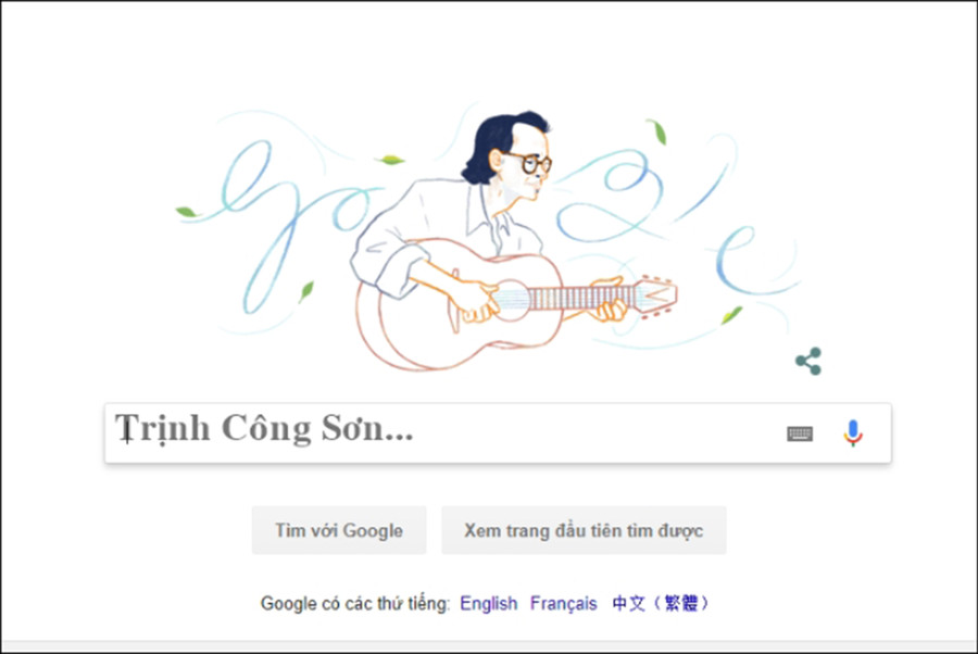 Doodle của Googe với hình tượng nhạc sĩ Trịnh Công Sơn xuất hiện vào lúc 0 giờ ngày 28/2 Doodle của Googe với hình tượng nhạc sĩ Trịnh Công Sơn xuất hiện vào lúc 0 giờ ngày 28/2