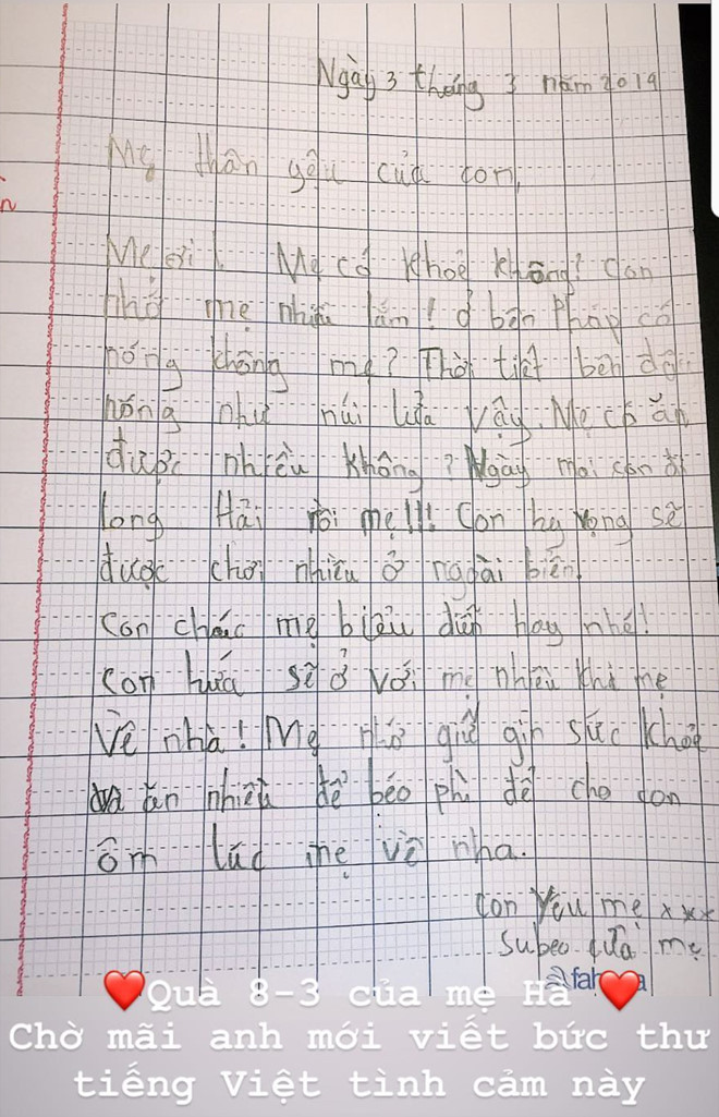 Hồ Ngọc Hà chia sẻ bức thư tay do Subeo viết gửi mẹ nhân dịp 8/3. Ho Ngoc Ha chia se buc thu tay Subeo viet tang me ngay 8/3 hinh anh 1