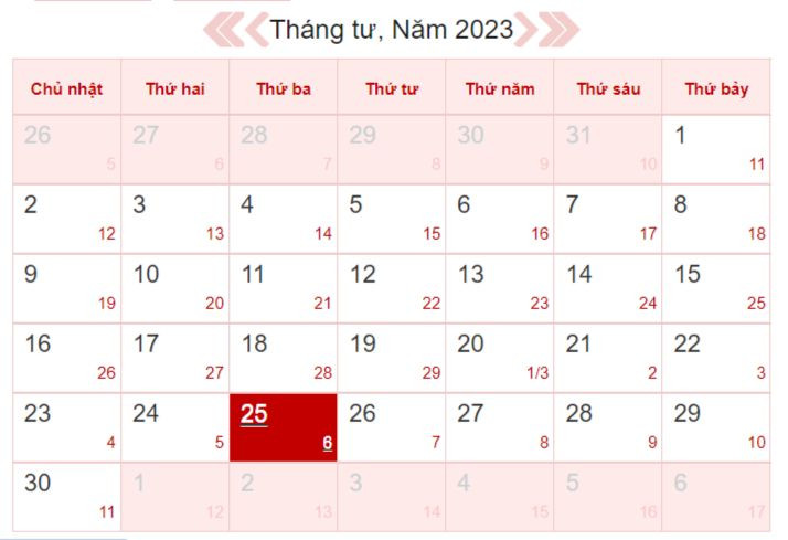 Xem lịch âm ngày 25/4/2023