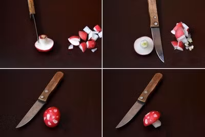 Tỉa lại chút xíu cho thân cây tròn đẹp, cắt bỏ một ít phần cuống bên dưới thân cây nấm. Giờ thì bạn chỉ việc tỉa nốt những chấm bi tròn tròn trên cây nấm là xong.