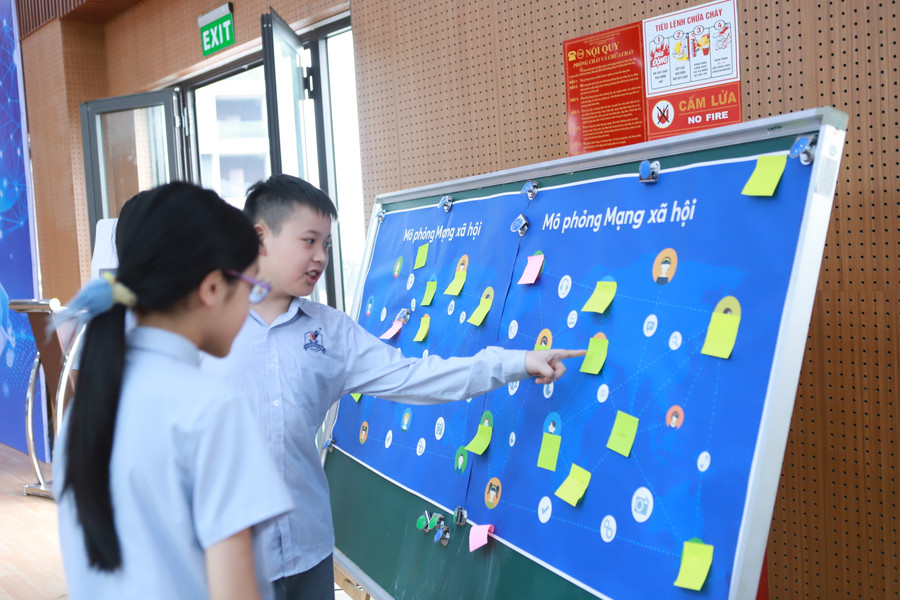 Mạng xã hội được mô tả dưới hình thức mô hình hóa để học sinh có hiểu biết cơ bản và kĩ năng về thông tin và dữ liệu. Các con sẽ tạo các giấy note ghi lời nhắn, dính lên bảng mô tả bức tường mạng xã hội, kết hợp định vị trí trên bản đồ.