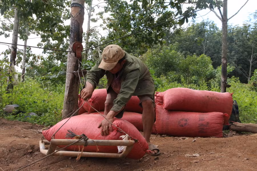 Người bên này bờ sông có nhiệm vụ đỡ nông sản khi cáp treo tiếp đất.
