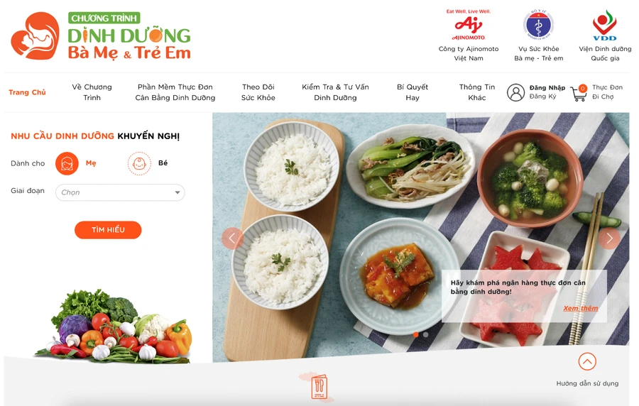 Giao diện website Chương trình Dinh dưỡng dành cho Bà mẹ và trẻ em.