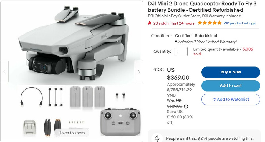 UAV Quadcopter DJI Mini 2 Drone được rao bán trên trên ebay với giá 369 USD