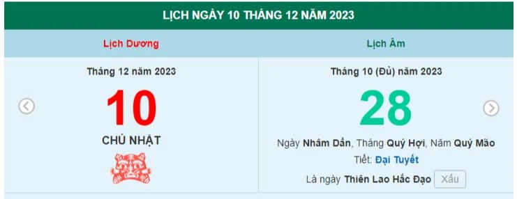 Lịch âm hôm nay - Xem lịch âm ngày 10/12/2023