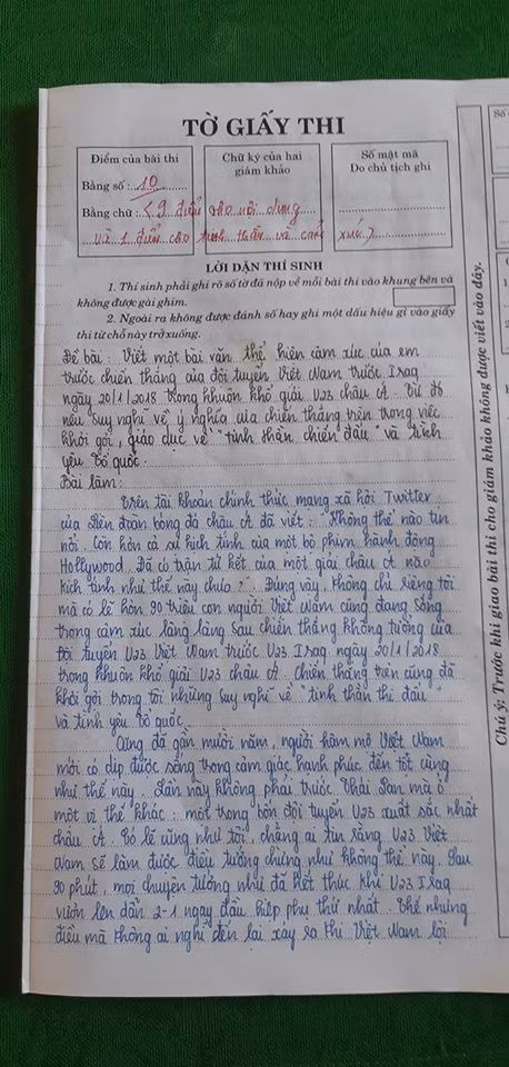 Bài Văn về tuyển U23 Việt Nam chính thức được chấm điểm 10 vào chiều 23/1.