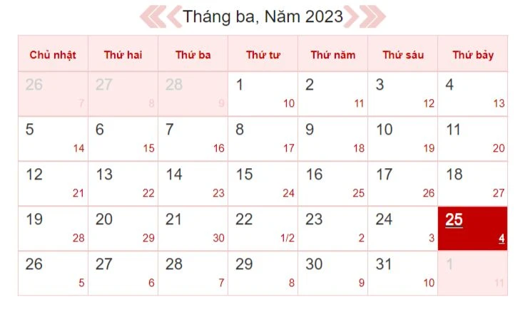 Lịch âm hôm nay 25/3 - Tra cứu lịch âm 25/3/2023