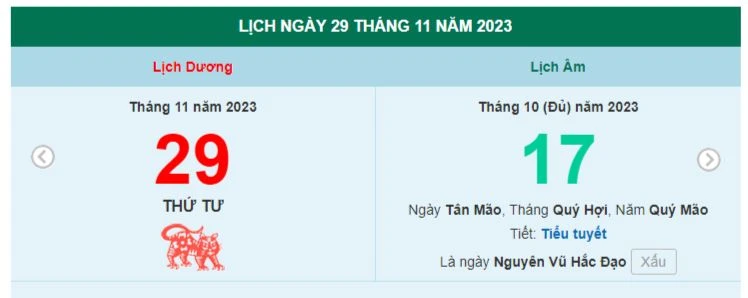 Lịch âm hôm nay - Xem lịch âm ngày 29/11/2023