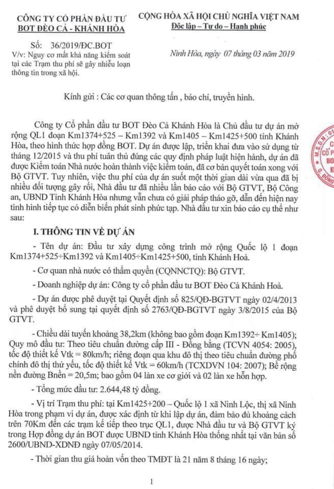 Văn bản chủ đầu tư BOT Ninh Lộc gửi cơ quan truyền thông Văn bản chủ đầu tư BOT Ninh Lộc gửi cơ quan truyền thông
