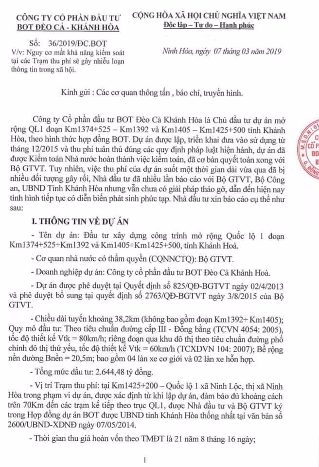 Văn bản chủ đầu tư BOT Ninh Lộc gửi cơ quan truyền thông