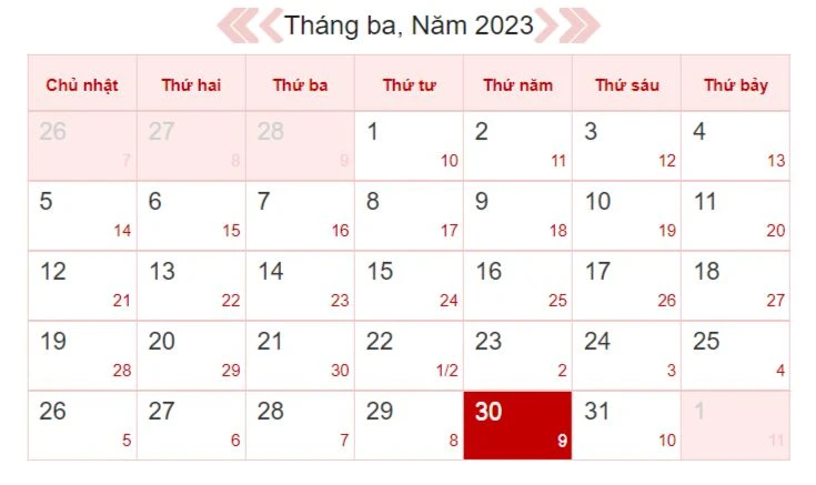 Xem lịch âm ngày mai 30/3