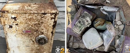 Chiếc két đã bị hư hại nhưng đồ bên trong vẫn còn nguyên.Ảnh:CBS.
