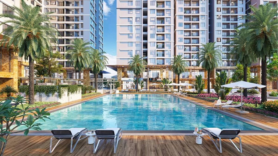 Tổ hợp hồ bơi với hệ thống quầy bar, sàn tắm nắng tại Hanoi Melody Residences.