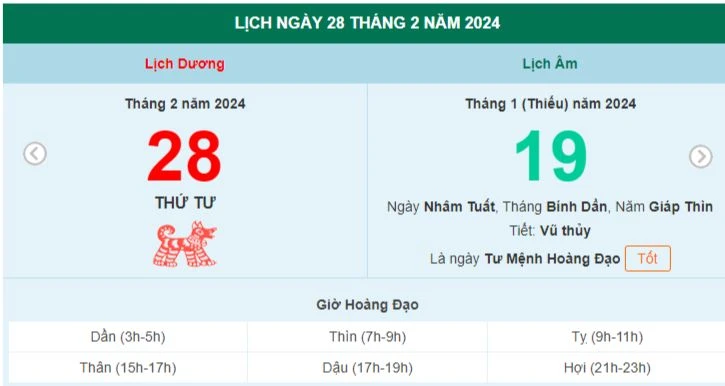 Lịch âm hôm nay - Xem lịch âm ngày 28/2