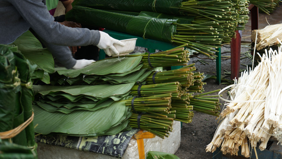 Do thời tiết những ngày gần đây nắng nóng, nên thương lái thường xuyên phải tưới nước để lá không bị khô.