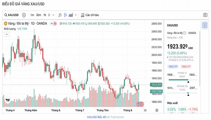 Biểu đồ biến động giá vàng trong 24 giờ qua