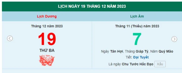 Lịch âm hôm nay - Xem lịch âm ngày 19/12