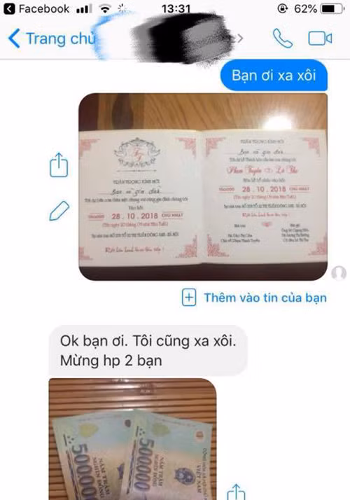 Gửi thiệp mời cưới rất nhanh và người bạn gửi tiền mừng cũng bá đạo không kém.