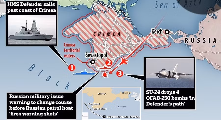 Máy bay Su-24 và tàu chiến Hạm đội Biển Đen-Nga đã phối hợp xua đuổi tàu khu trục D-36 HMS Defender của Anh hồi tháng 6/2021 Máy bay Su-24 và tàu chiến Hạm đội Biển Đen-Nga đã phối hợp xua đuổi tàu khu trục D-36 HMS Defender của Anh hồi tháng 6/2021