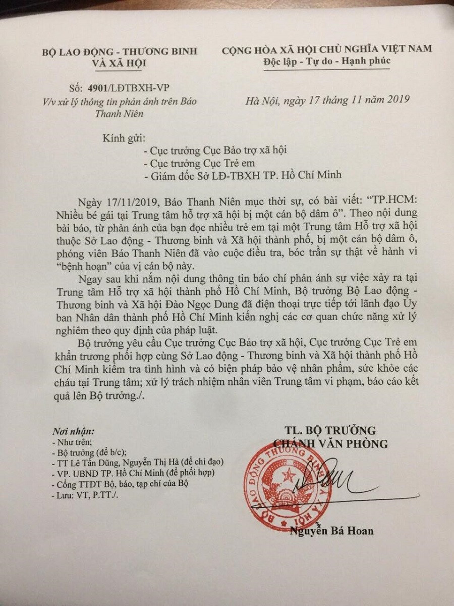 Văn bản của Bộ trưởng Bộ LĐTB&XH gửi lãnh đạo UBND TP.HCM