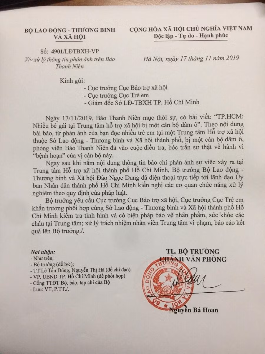 Văn bản của Bộ trưởng Bộ LĐTB&XH gửi lãnh đạo UBND TP.HCM