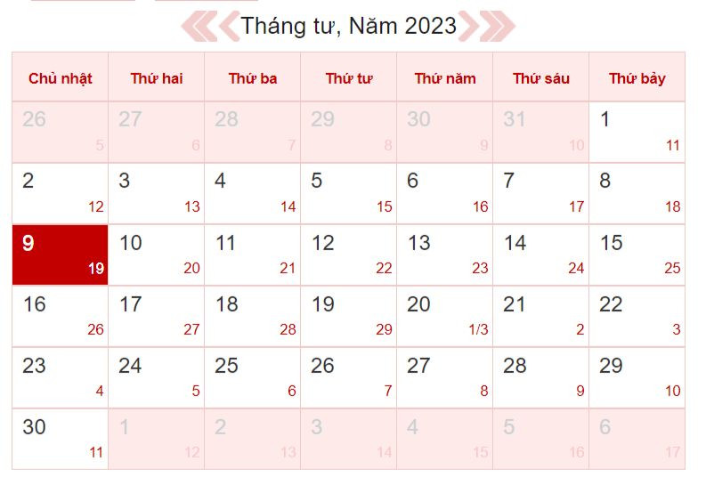 Xem lịch âm ngày 9/4/2023