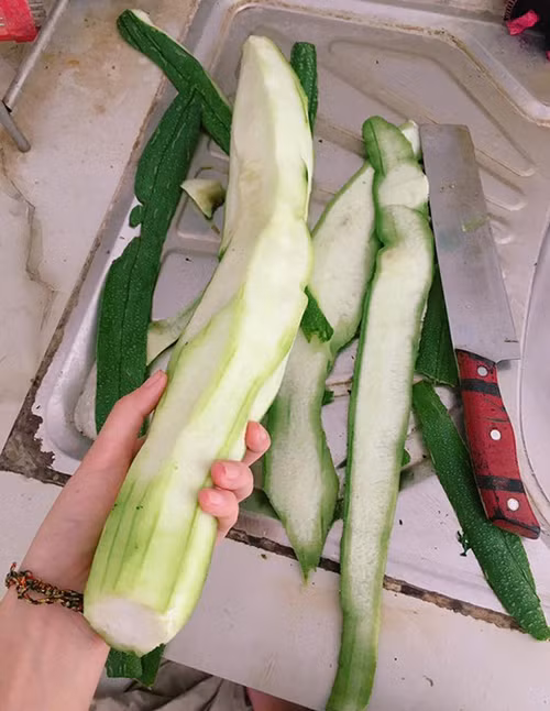 Gọt mướp không phải là công việc dễ dàng với cô nàng này.