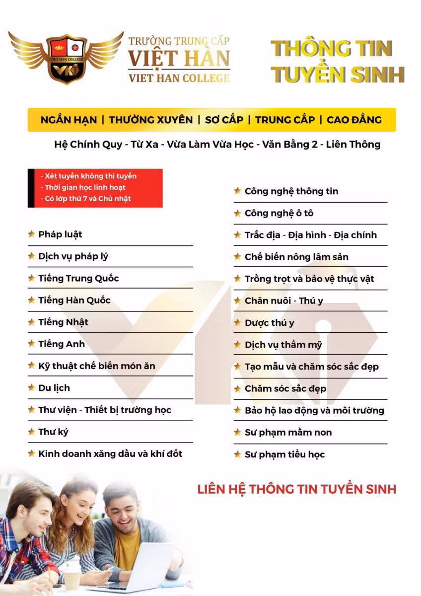 Những ngành nghề mà Trường Trung cấp Việt Hàn đang tuyển sinh và đào tạo.