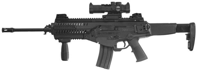 Một khẩu súng máy hạng nhẹ Textron với đạn không vỏ, kính nhìn xa