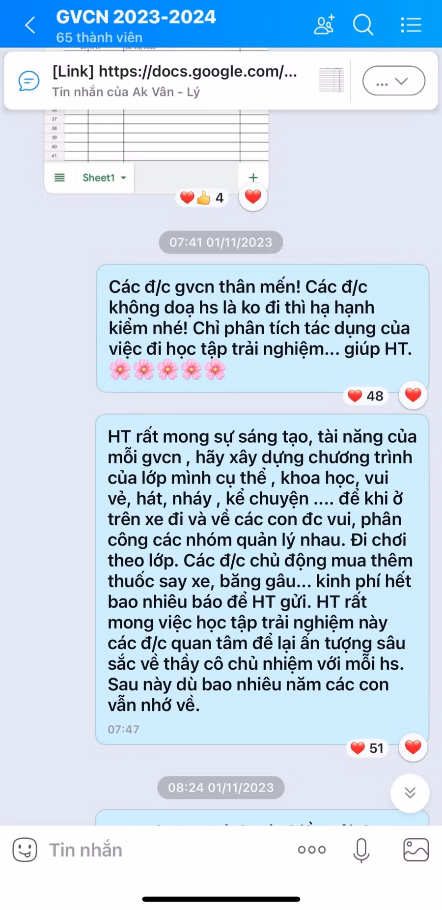 Thông báo của BGH nhà trường trong nhóm Zalo của 48 GVCN các lớp ngày 1/11. Ảnh chụp màn hình: NTCC.