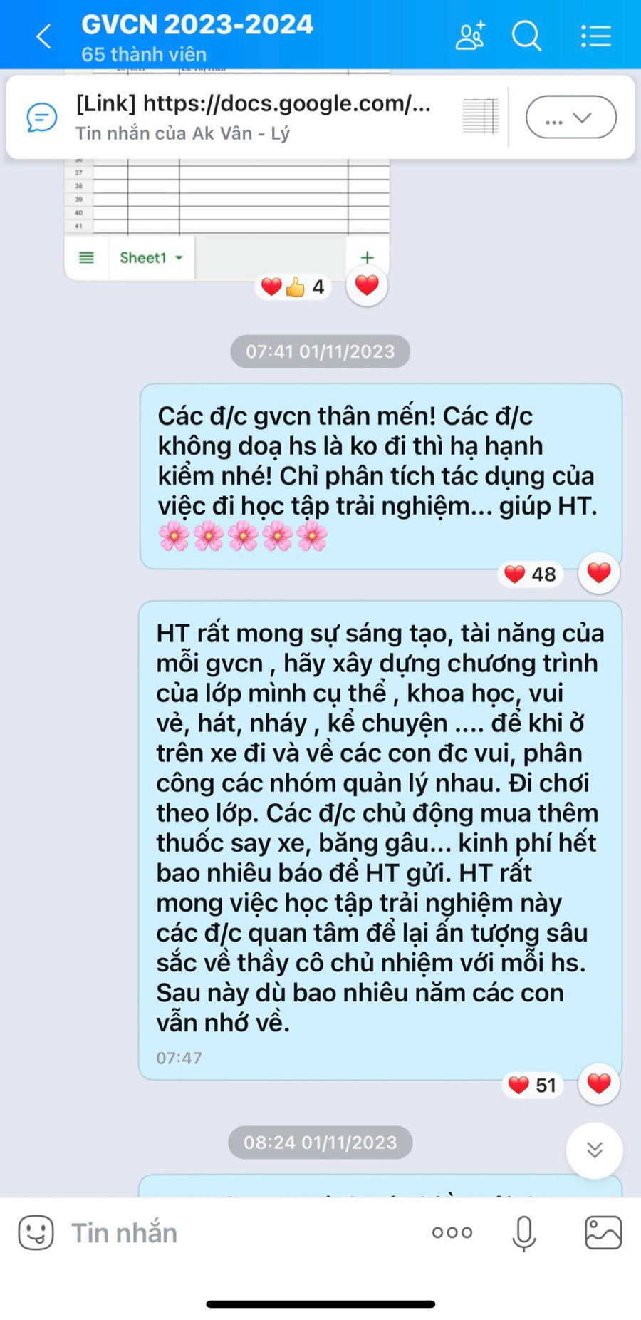 Thông báo của BGH nhà trường trong nhóm Zalo của 48 GVCN các lớp ngày 1/11. Ảnh chụp màn hình: NTCC. Thông báo của BGH nhà trường trong nhóm Zalo của 48 GVCN các lớp ngày 1/11. Ảnh chụp màn hình: NTCC.