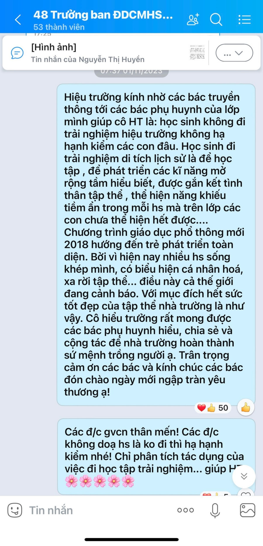 Thông báo của BGH nhà trường trong nhóm Zalo đại diện CMHS của 48 lớp ngày 1/11. Ảnh chụp màn hình: NTCC. Thông báo của BGH nhà trường trong nhóm Zalo đại diện CMHS của 48 lớp ngày 1/11. Ảnh chụp màn hình: NTCC.
