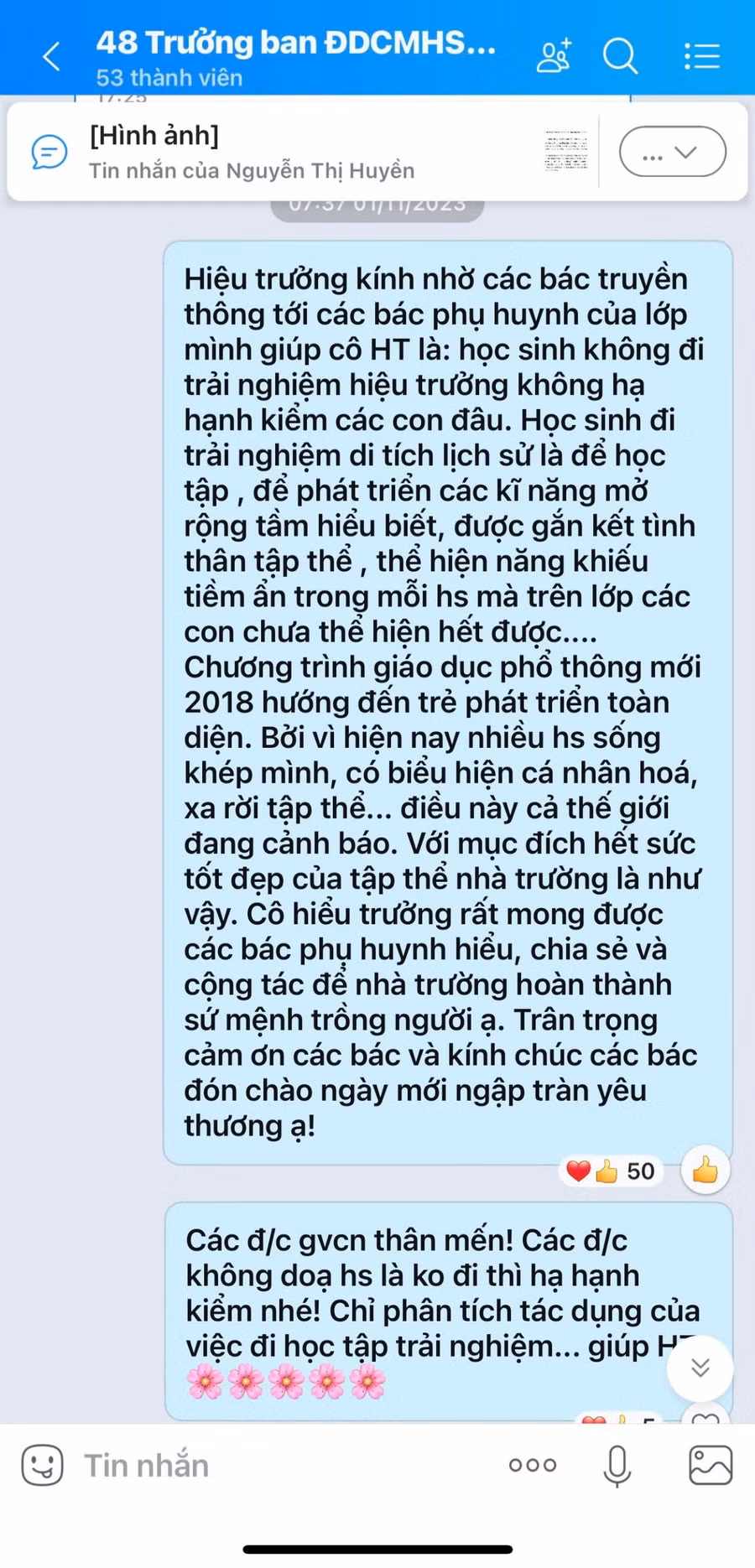 Thông báo của BGH nhà trường trong nhóm Zalo đại diện CMHS của 48 lớp ngày 1/11. Ảnh chụp màn hình: NTCC.