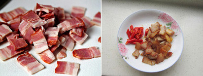 Thịt xông khói cắt nhỏ, chảo nóng cho bơ vào đun chảy, cho thịt xông khói vào đảo xém vàng. Thịt xông khói cắt nhỏ, chảo nóng cho bơ vào đun chảy, cho thịt xông khói vào đảo xém vàng.