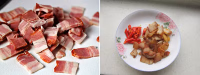 Thịt xông khói cắt nhỏ, chảo nóng cho bơ vào đun chảy, cho thịt xông khói vào đảo xém vàng.