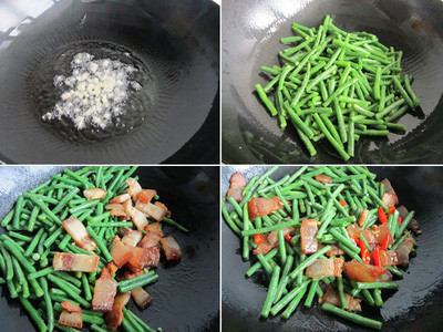 Làm nóng chảo dầu trên bếp, phi gừng thơm cho đậu đũa vào xào, nêm ít muối, đường. Tiếp theo, bạn cho thịt xông khói và ớt vào xóc đều. Làm nóng chảo dầu trên bếp, phi gừng thơm cho đậu đũa vào xào, nêm ít muối, đường. Tiếp theo, bạn cho thịt xông khói và ớt vào xóc đều.