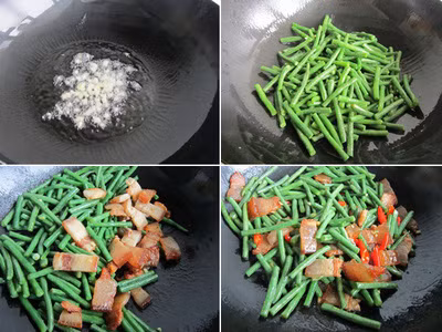 Làm nóng chảo dầu trên bếp, phi gừng thơm cho đậu đũa vào xào, nêm ít muối, đường. Tiếp theo, bạn cho thịt xông khói và ớt vào xóc đều.