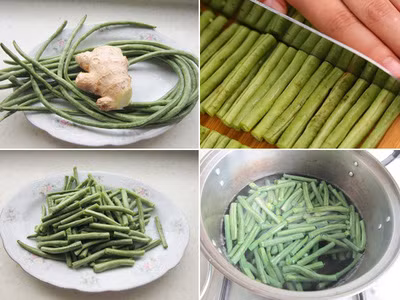 Đậu đũa rửa sạch, cắt khúc dài 6cm, luộc chín rửa lại với nước lạnh.