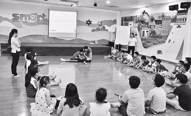 Học sinh Trường tiểu học Ðoàn Thị Ðiểm (Hà Nội) trong giờ học kỹ năng sống. Ảnh: LONG THÀNH